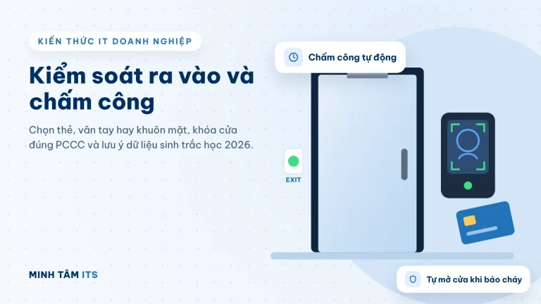 Hệ thống kiểm soát ra vào và chấm công: cửa có khóa từ, đầu đọc khuôn mặt, thẻ và nút Exit