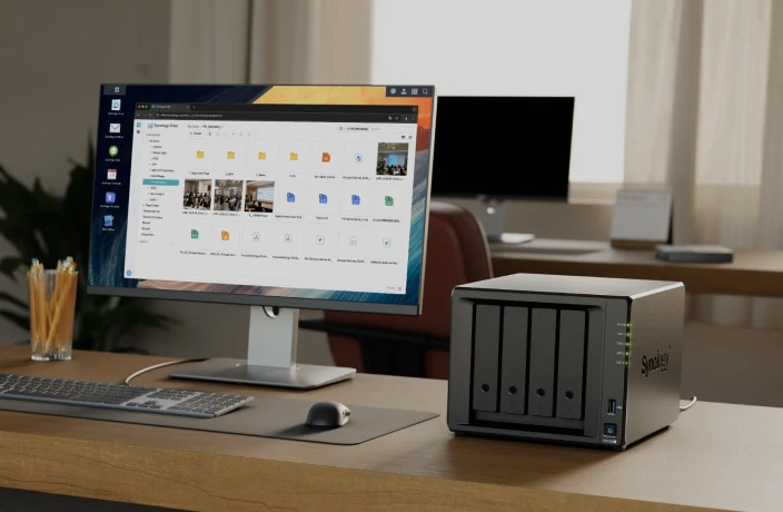 NAS Synology 4 khay đặt tại văn phòng, lưu trữ tập trung và sao lưu dữ liệu cho doanh nghiệp